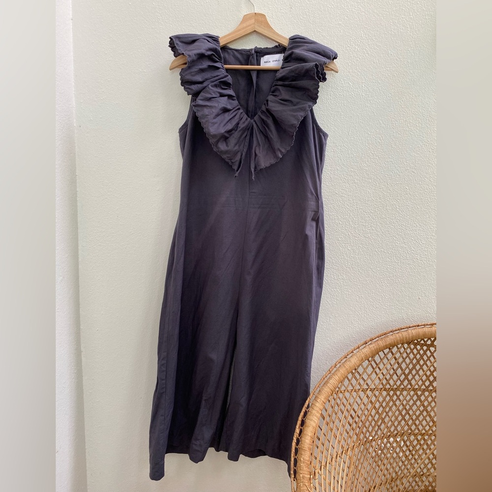 maria stanley • dark gray ruffle jumpsuit